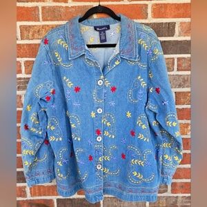 Denim&Co Women's Red,Yellow, Blue Floral Embroidered Denim Jean Jacket Size 2X